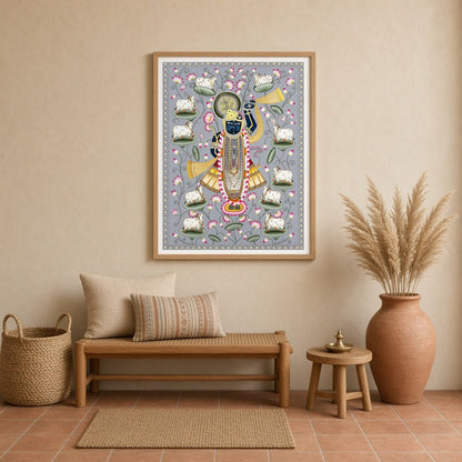 Celebrate the divine grace of Shrinathji, beautifully depicted in this exquisite Pichwai art print. for Entrance