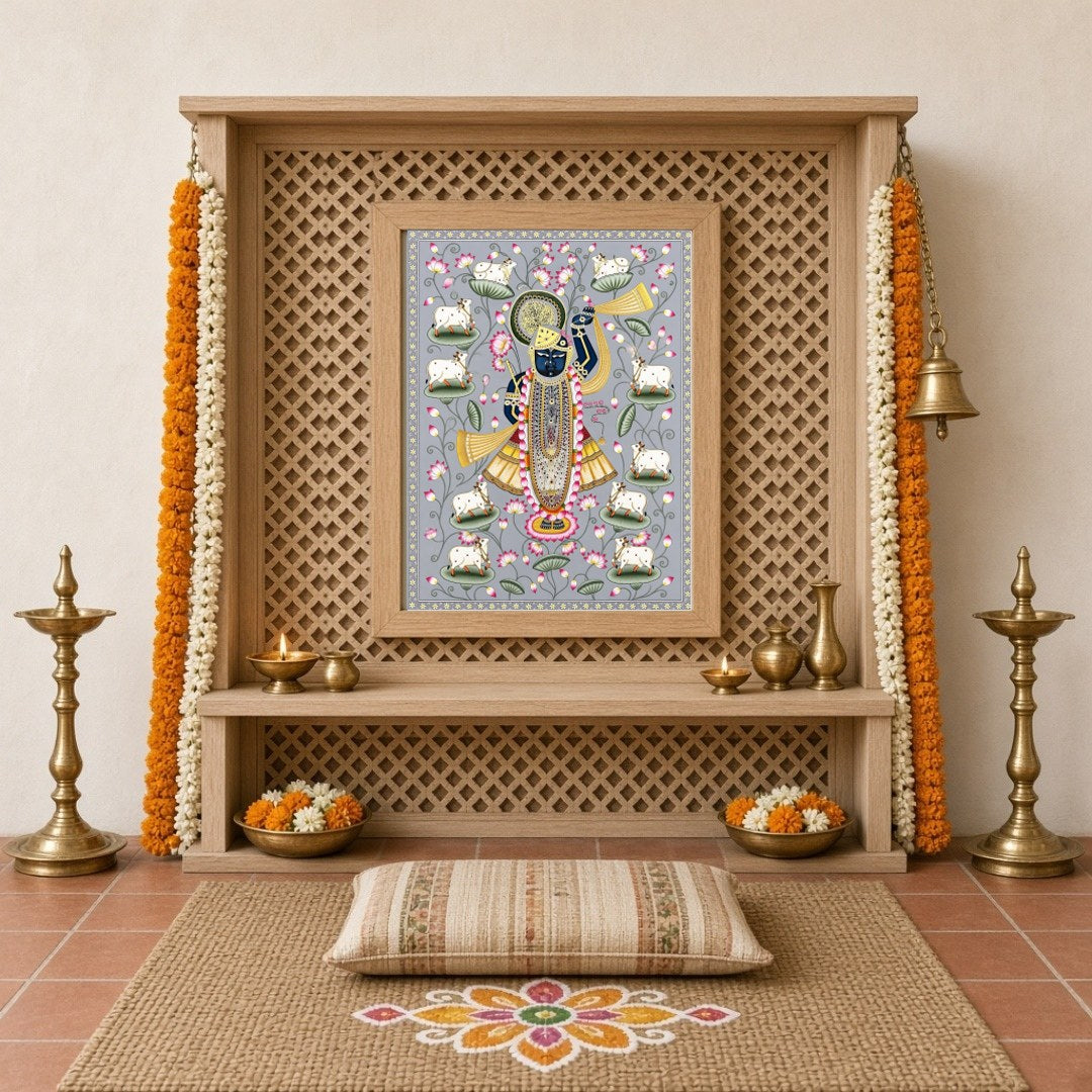 Celebrate the divine grace of Shrinathji, beautifully depicted in this exquisite Pichwai art print. for Home Temple