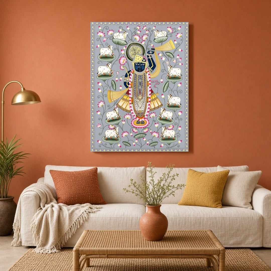 Celebrate the divine grace of Shrinathji, beautifully depicted in this exquisite Pichwai art print. for Living Room