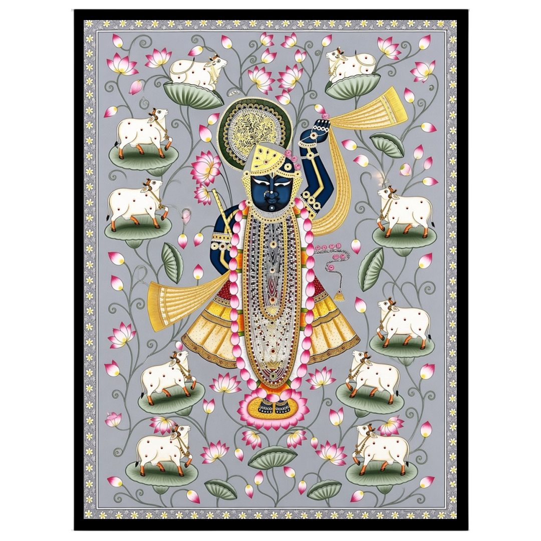 Celebrate the divine grace of Shrinathji, beautifully depicted in this exquisite Pichwai art print. for sanctuary