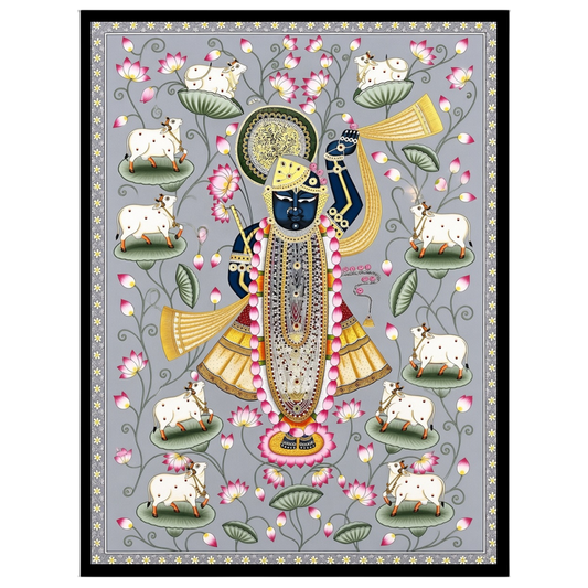 Celebrate the divine grace of Shrinathji, beautifully depicted in this exquisite Pichwai art print. for sanctuary