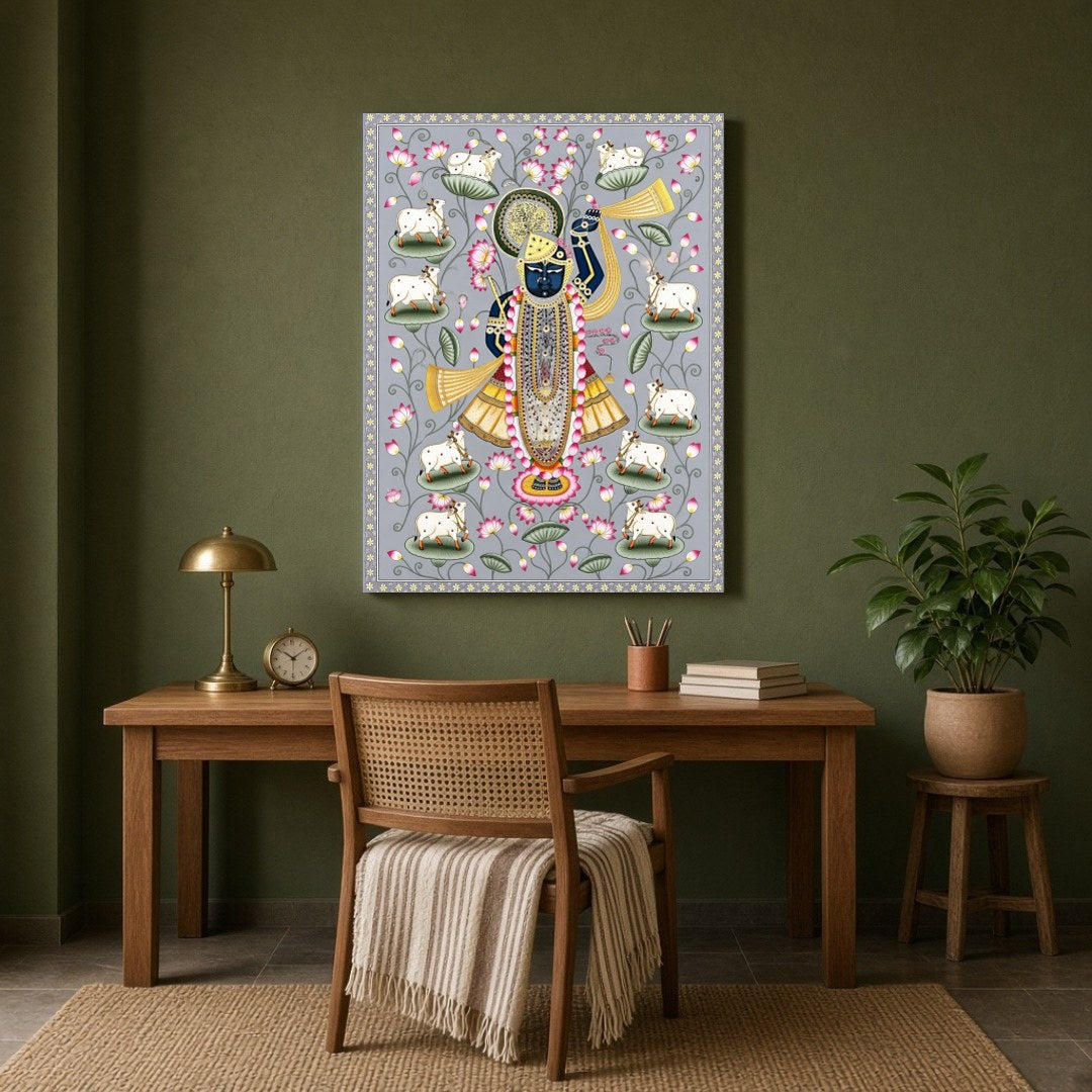 Celebrate the divine grace of Shrinathji, beautifully depicted in this exquisite Pichwai art print. for Study