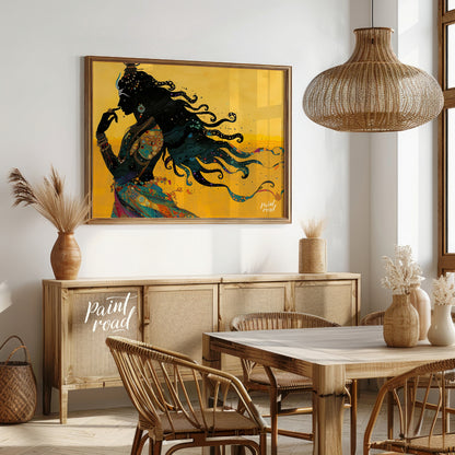 This striking digital artwork captures a silhouette of Lord Shiva in meditative grace, flowing with… for dining room