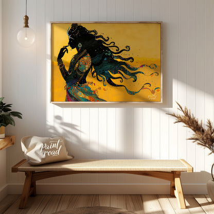 This striking digital artwork captures a silhouette of Lord Shiva in meditative grace, flowing with… for entryway