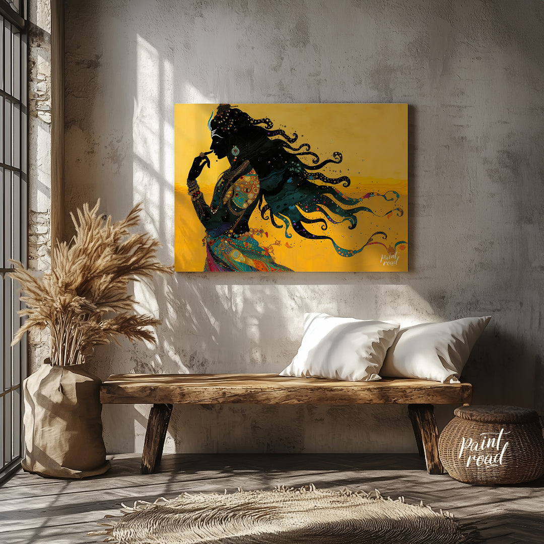 This striking digital artwork captures a silhouette of Lord Shiva in meditative grace, flowing with… for entryway
