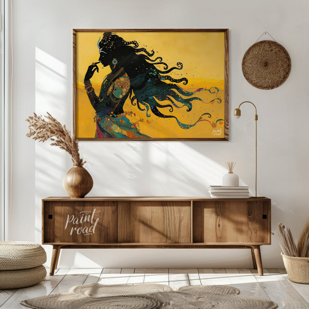 This striking digital artwork captures a silhouette of Lord Shiva in meditative grace, flowing with… for living room