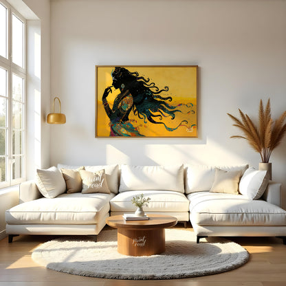 This striking digital artwork captures a silhouette of Lord Shiva in meditative grace, flowing with… for living room
