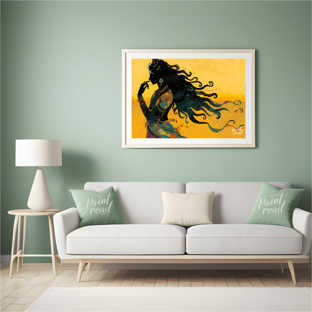 This striking digital artwork captures a silhouette of Lord Shiva in meditative grace, flowing with… for living room