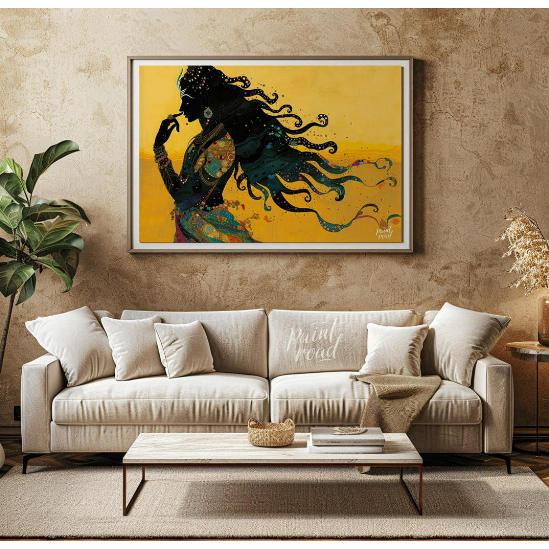 This striking digital artwork captures a silhouette of Lord Shiva in meditative grace, flowing with… for living room