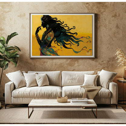 This striking digital artwork captures a silhouette of Lord Shiva in meditative grace, flowing with… for living room