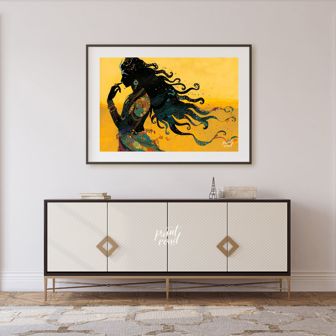 This striking digital artwork captures a silhouette of Lord Shiva in meditative grace, flowing with… for living room
