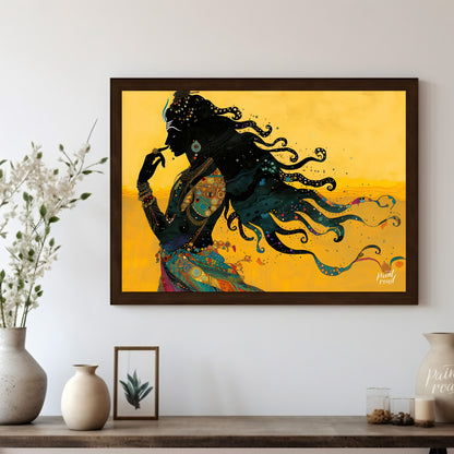 This striking digital artwork captures a silhouette of Lord Shiva in meditative grace, flowing with… for living room