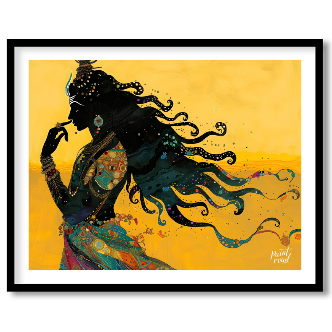 This striking digital artwork captures a silhouette of Lord Shiva in meditative grace, flowing with… for space