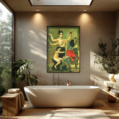 Immerse yourself in the divine narratives with this captivating artwork showcasing a three-armed for Bathroom