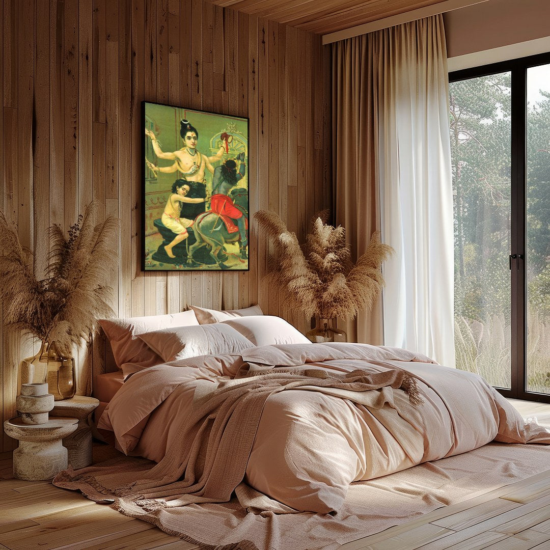 Immerse yourself in the divine narratives with this captivating artwork showcasing a three-armed for Bedroom