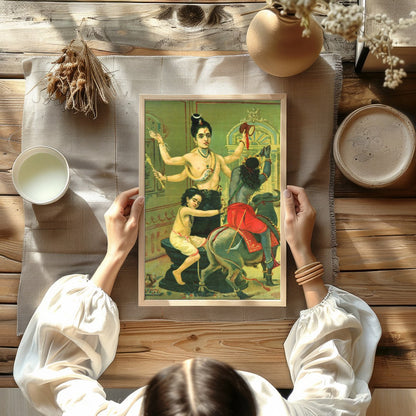 Immerse yourself in the divine narratives with this captivating artwork showcasing a three-armed for decor