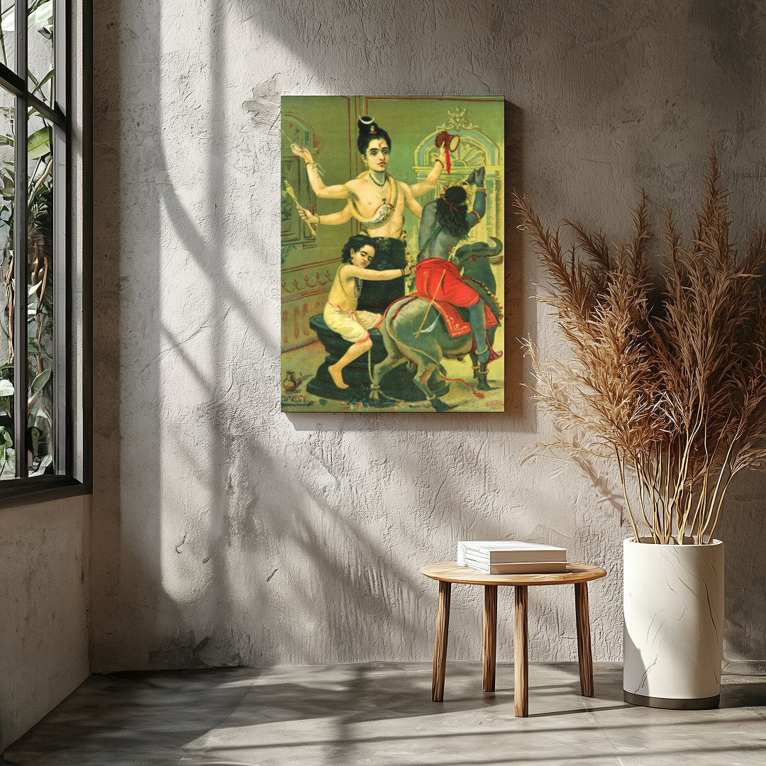 Immerse yourself in the divine narratives with this captivating artwork showcasing a three-armed for Entrance