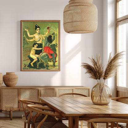 Immerse yourself in the divine narratives with this captivating artwork showcasing a three-armed for Extra Kitchen