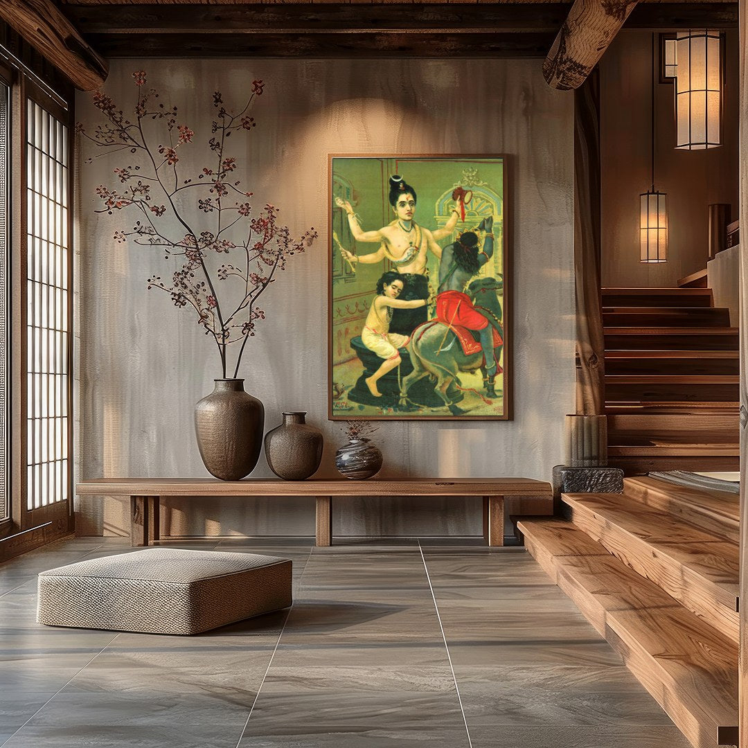 Immerse yourself in the divine narratives with this captivating artwork showcasing a three-armed for Hall