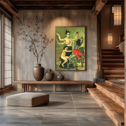 Immerse yourself in the divine narratives with this captivating artwork showcasing a three-armed for Hall