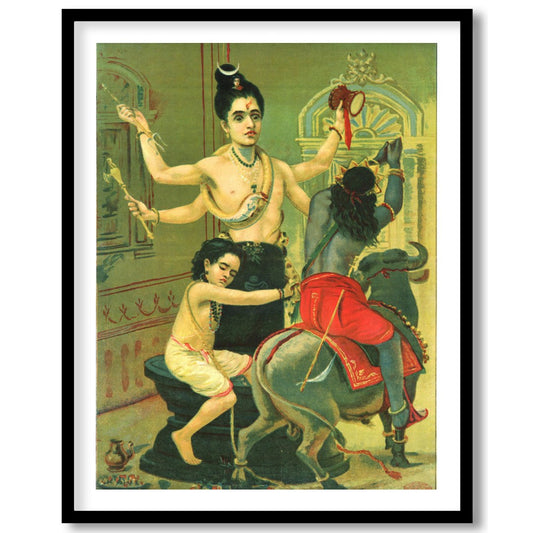 Immerse yourself in the divine narratives with this captivating artwork showcasing a three-armed for interior