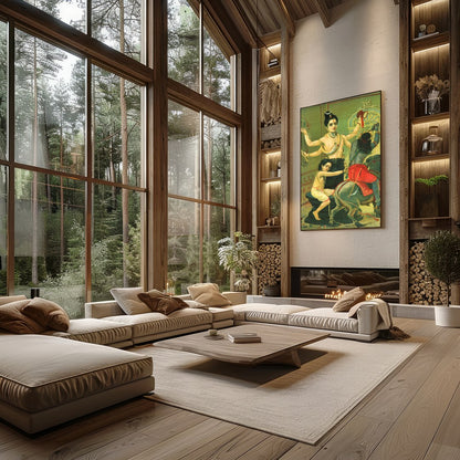 Immerse yourself in the divine narratives with this captivating artwork showcasing a three-armed for Living Room