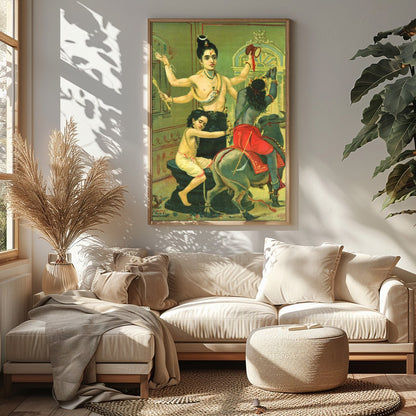 Immerse yourself in the divine narratives with this captivating artwork showcasing a three-armed for Sitting Area
