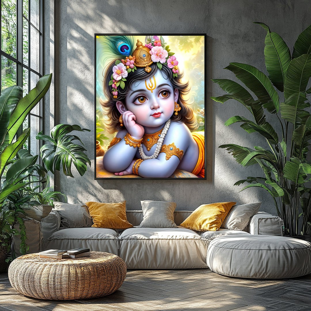 This exquisite artwork captures the serene and divine essence of Baby Krishna adorned with delicate for Balcony