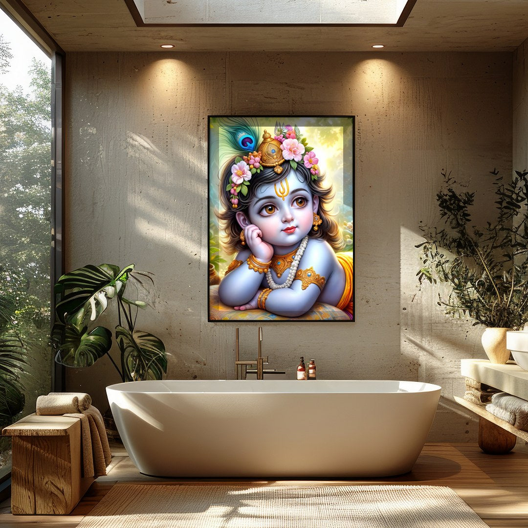 This exquisite artwork captures the serene and divine essence of Baby Krishna adorned with delicate for Bathroom