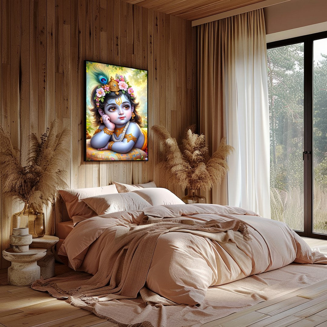 This exquisite artwork captures the serene and divine essence of Baby Krishna adorned with delicate for Bedroom
