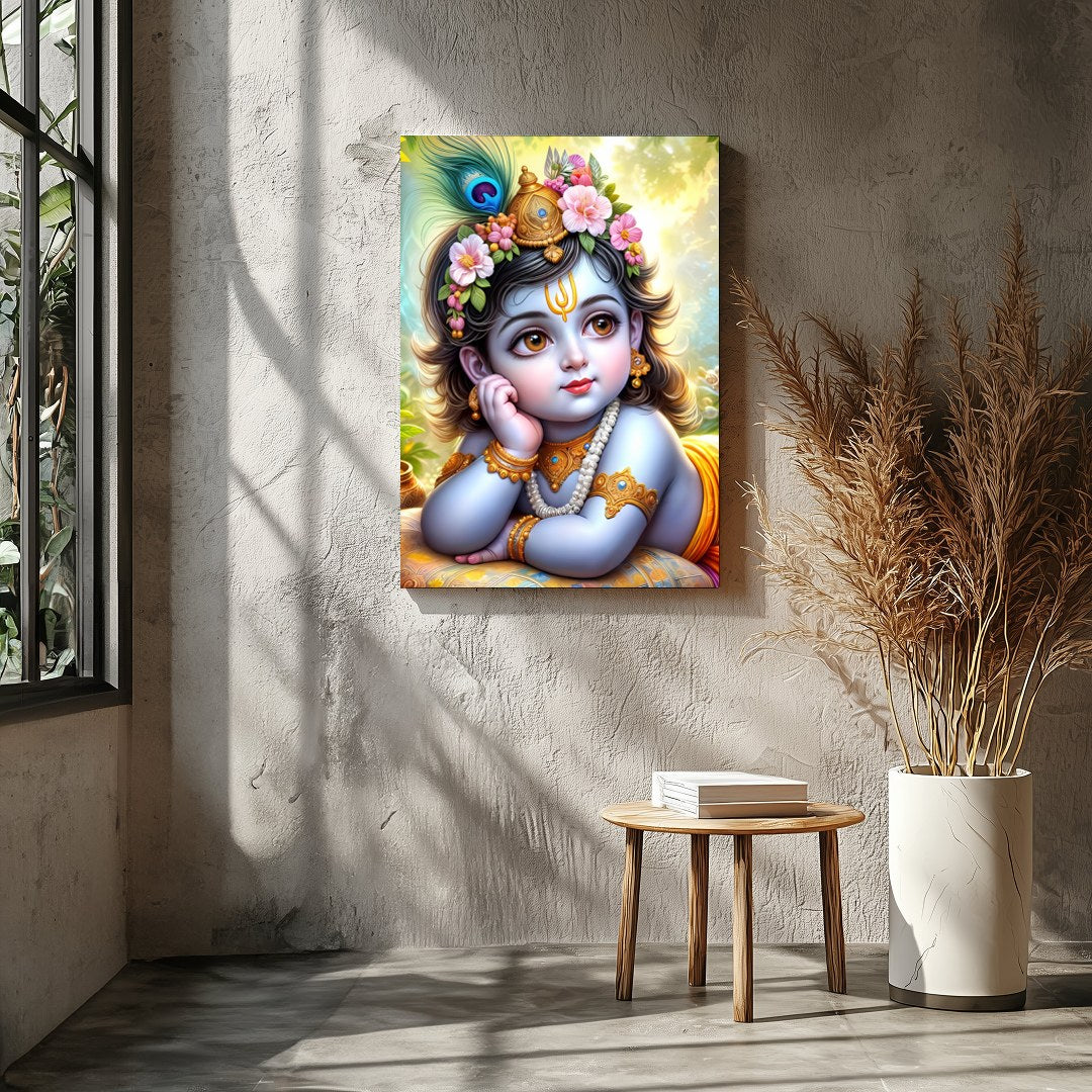 This exquisite artwork captures the serene and divine essence of Baby Krishna adorned with delicate for Entrance