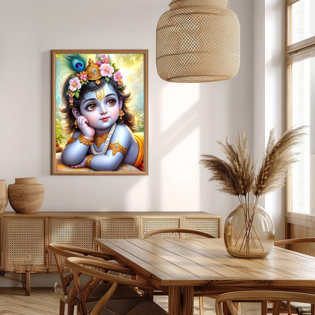 This exquisite artwork captures the serene and divine essence of Baby Krishna adorned with delicate for Extra Kitchen