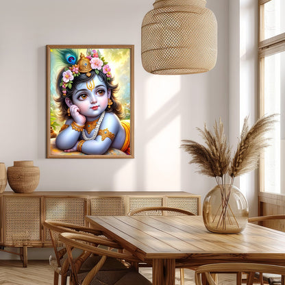 This exquisite artwork captures the serene and divine essence of Baby Krishna adorned with delicate for Extra Kitchen