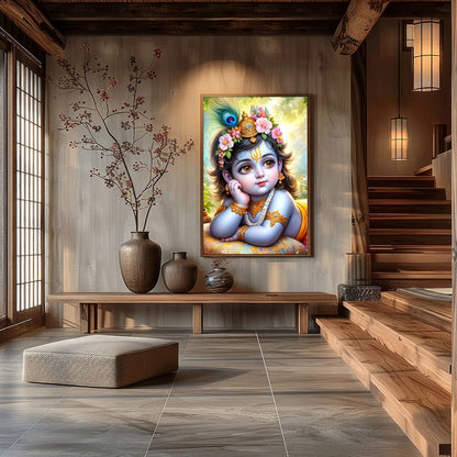 This exquisite artwork captures the serene and divine essence of Baby Krishna adorned with delicate for Hall