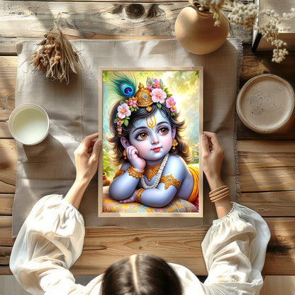 This exquisite artwork captures the serene and divine essence of Baby Krishna adorned with delicate for Kitchen