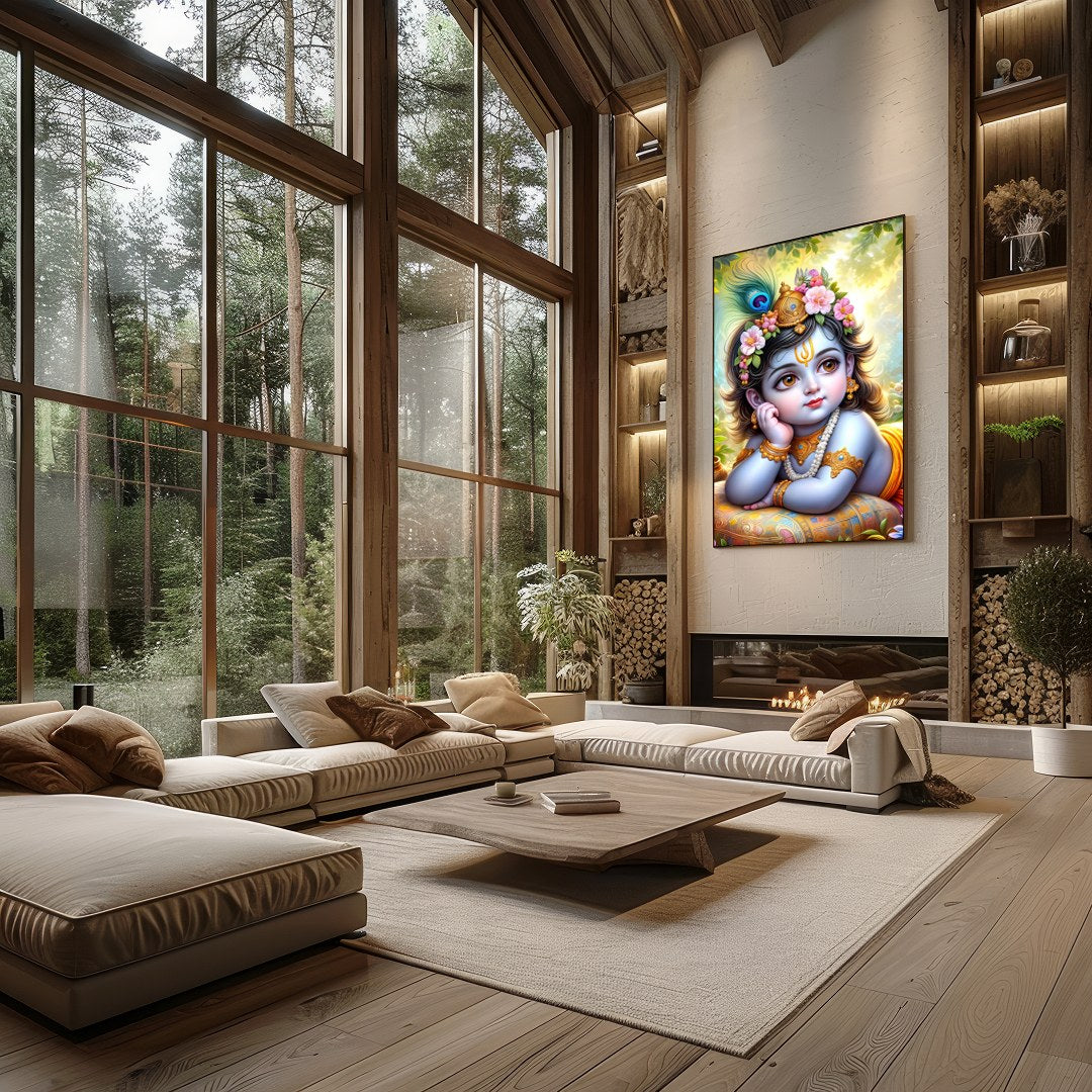 This exquisite artwork captures the serene and divine essence of Baby Krishna adorned with delicate for Living Room
