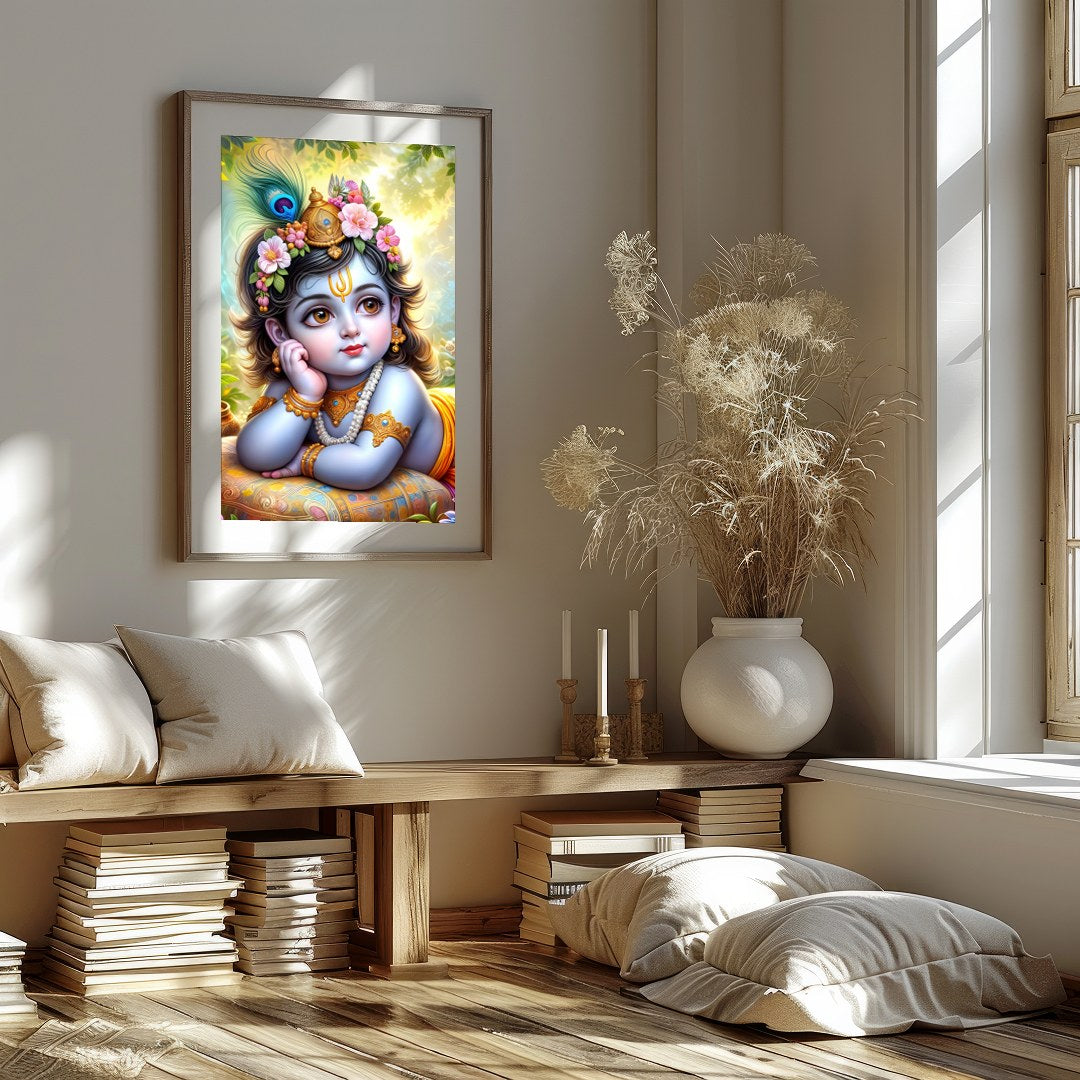 This exquisite artwork captures the serene and divine essence of Baby Krishna adorned with delicate for living-space