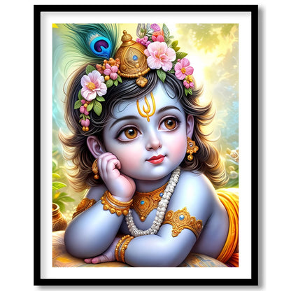This exquisite artwork captures the serene and divine essence of Baby Krishna adorned with delicate for lovely-house