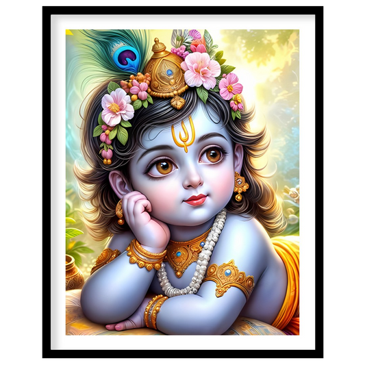 This exquisite artwork captures the serene and divine essence of Baby Krishna adorned with delicate for lovely-house
