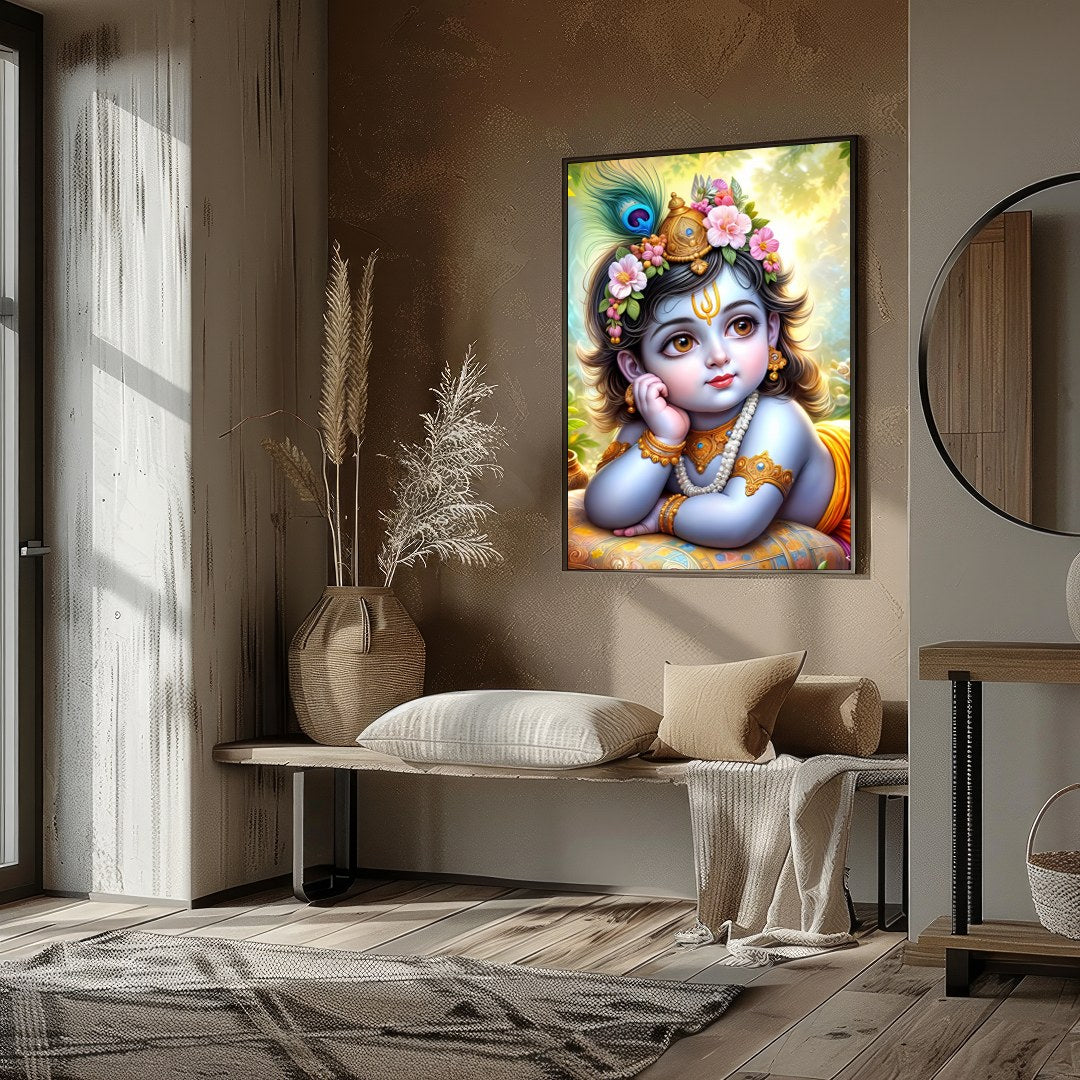This exquisite artwork captures the serene and divine essence of Baby Krishna adorned with delicate for office