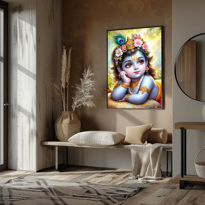 This exquisite artwork captures the serene and divine essence of Baby Krishna adorned with delicate for office