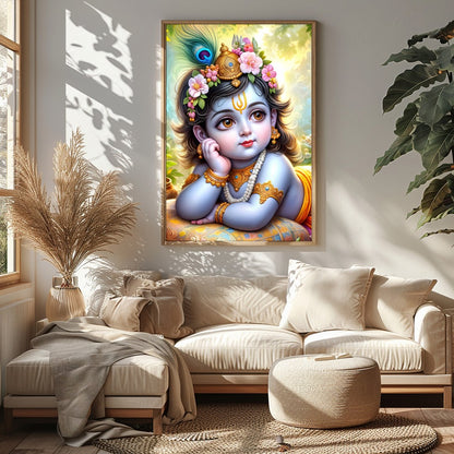 This exquisite artwork captures the serene and divine essence of Baby Krishna adorned with delicate for Sitting Area