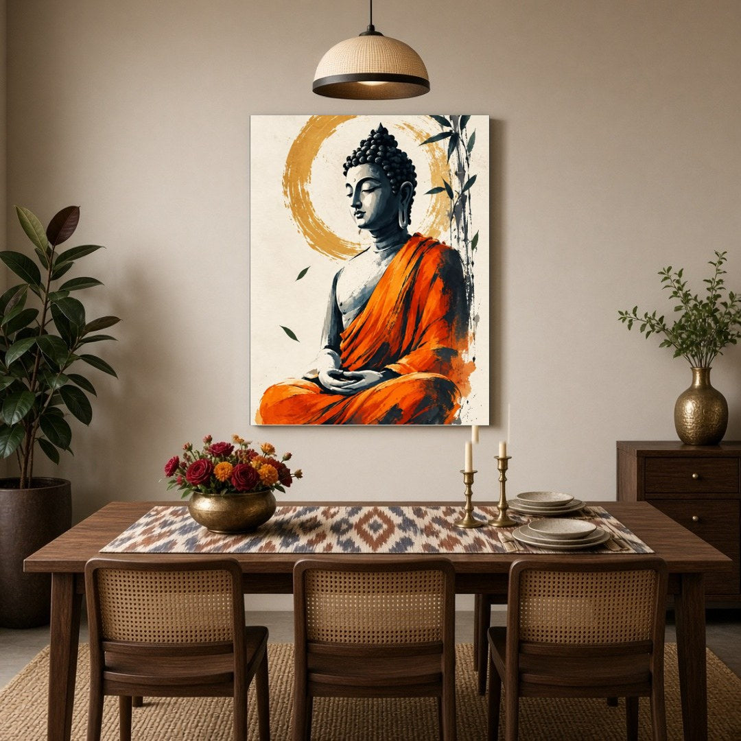 Immerse yourself in the tranquil presence of Lord Buddha, depicted in serene meditation, enveloped for Dining