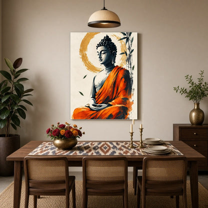 Immerse yourself in the tranquil presence of Lord Buddha, depicted in serene meditation, enveloped for Dining