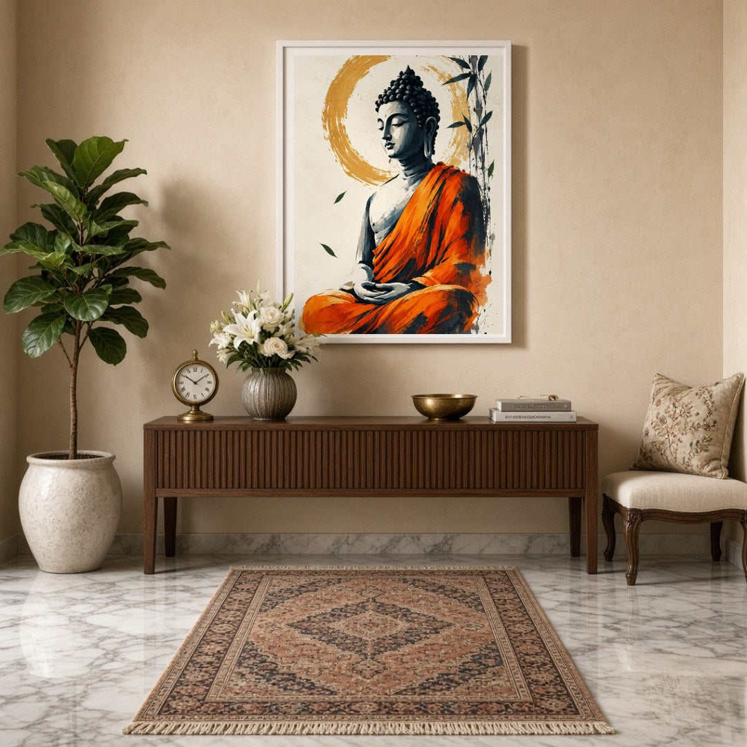 Immerse yourself in the tranquil presence of Lord Buddha, depicted in serene meditation, enveloped for Entrance