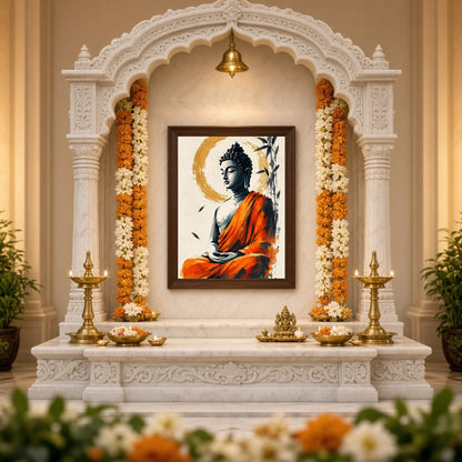 Immerse yourself in the tranquil presence of Lord Buddha, depicted in serene meditation, enveloped for Home Temple