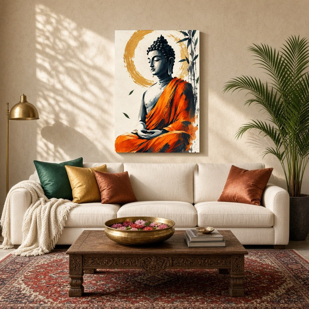 Immerse yourself in the tranquil presence of Lord Buddha, depicted in serene meditation, enveloped for Living Room