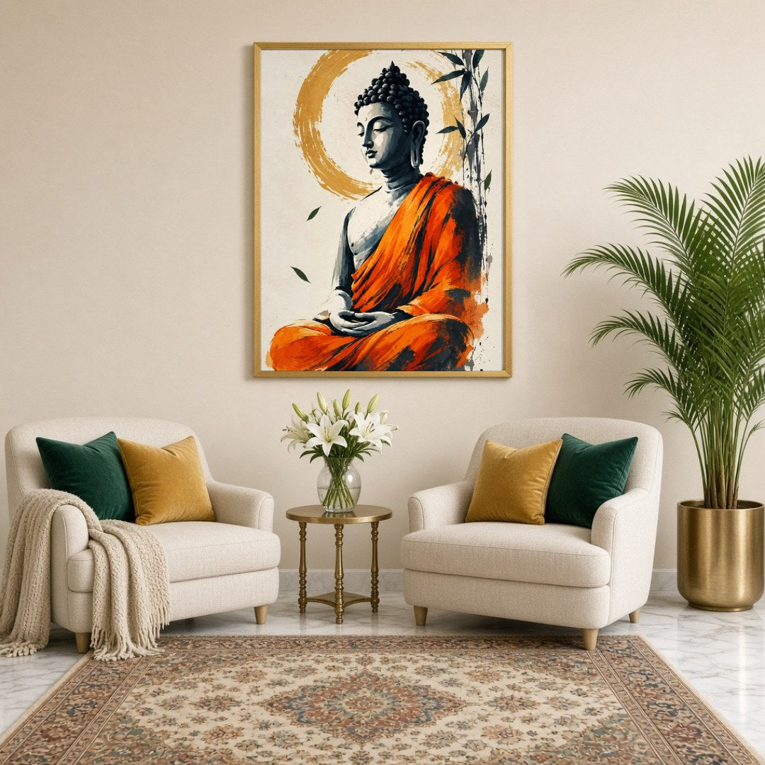 Immerse yourself in the tranquil presence of Lord Buddha, depicted in serene meditation, enveloped for Sitting Lounge