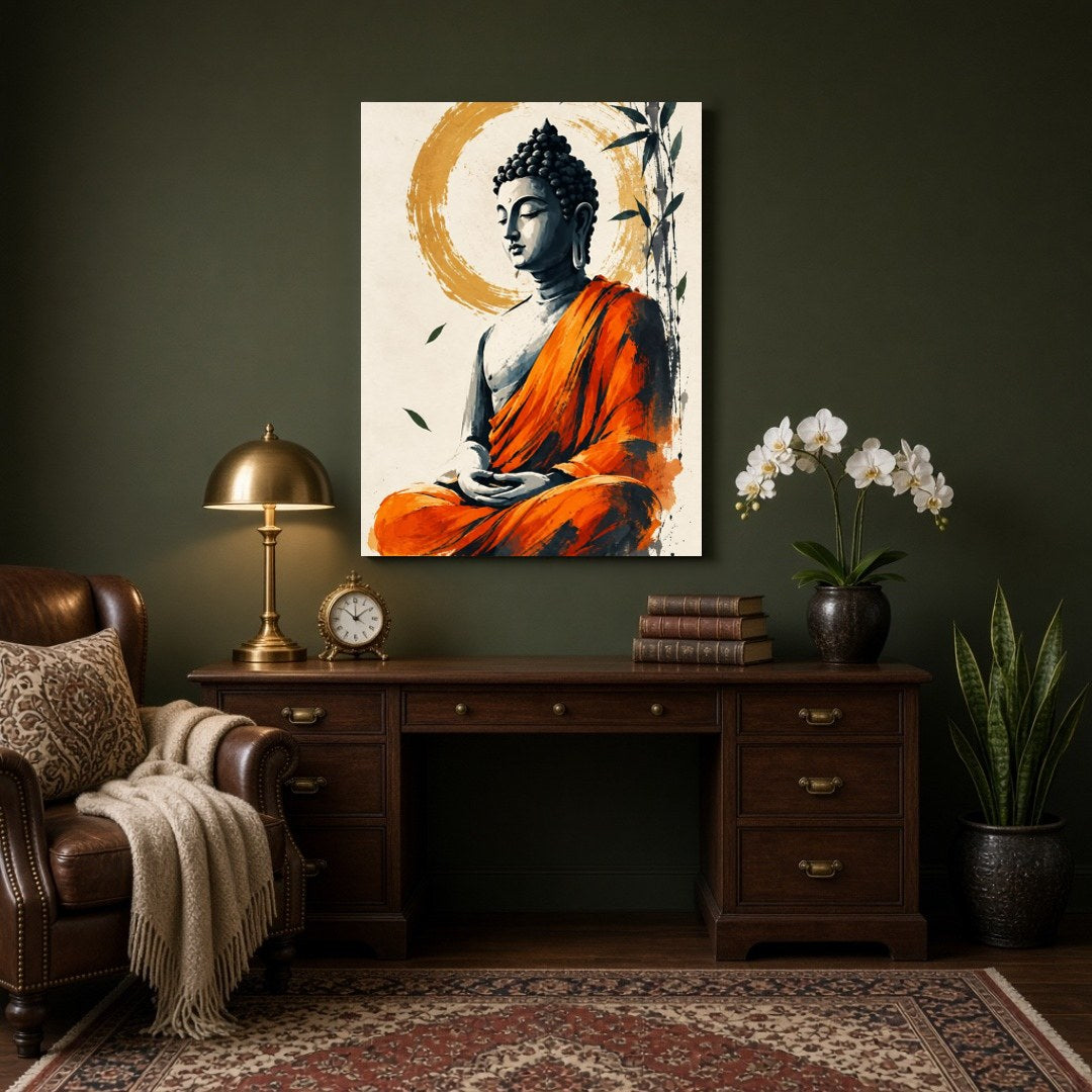 Immerse yourself in the tranquil presence of Lord Buddha, depicted in serene meditation, enveloped for Study