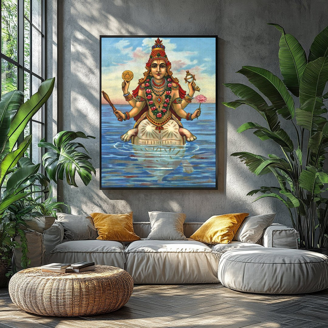 Immerse yourself in this captivating depiction of a serene goddess seated gracefully on water. The for Balcony